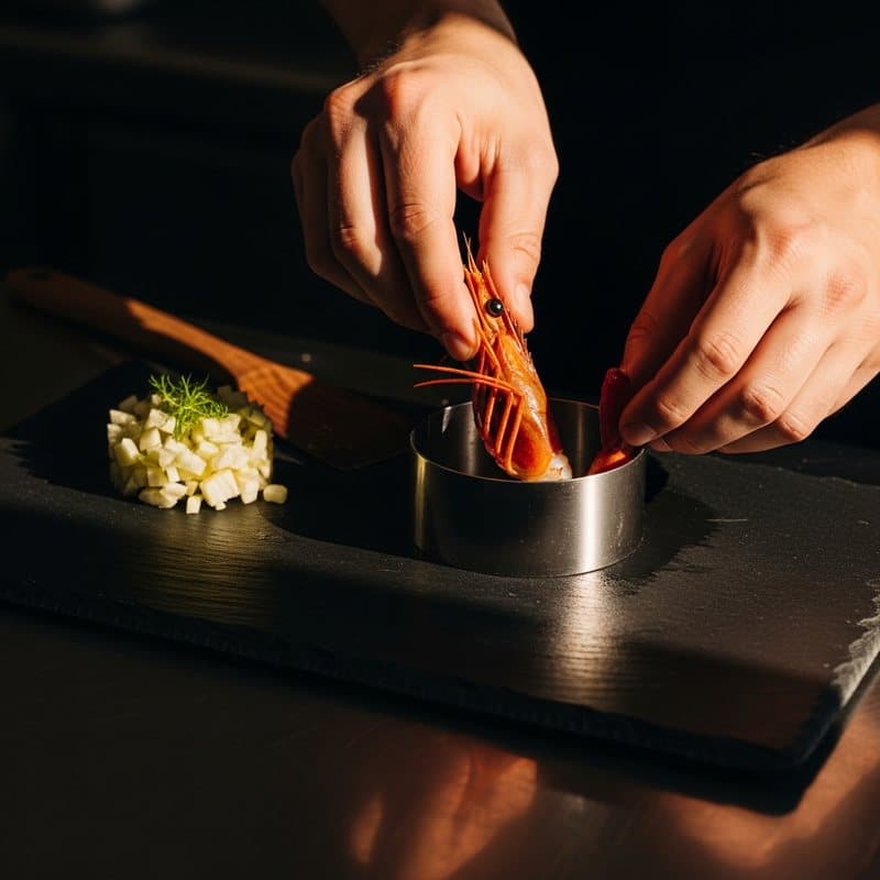 Hand-plating tiger prawn into the ring mould