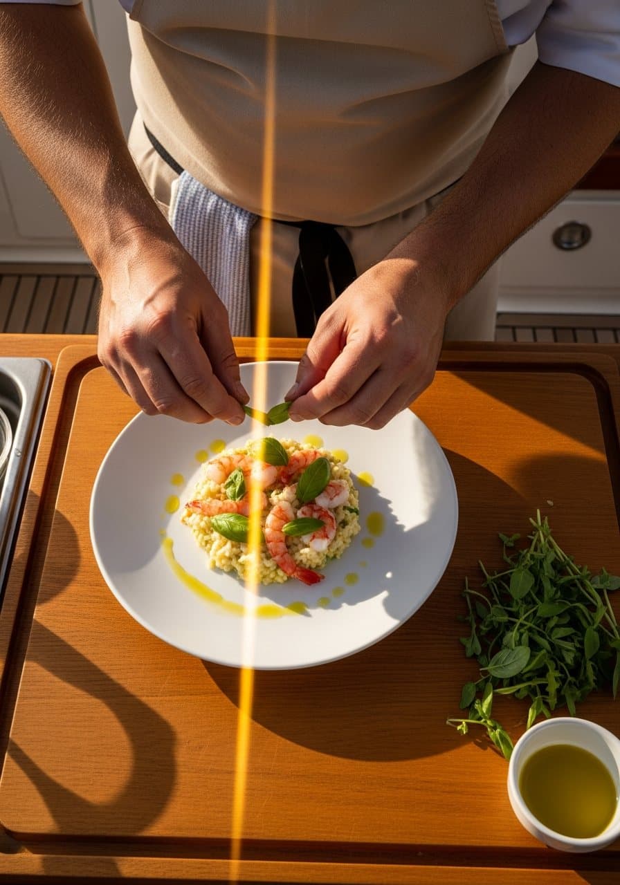 Basil risotto plated with red prawn carpaccio — top-down editorial shot